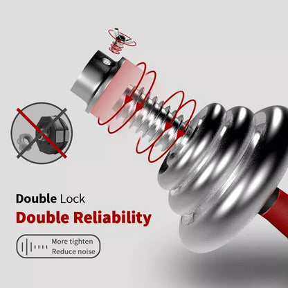 Mechanical component with 'Double Lock' and 'Double Reliability' text on a gray background