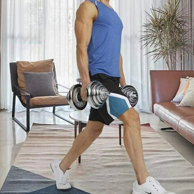 Person exercising with dumbbells in a living room setting
