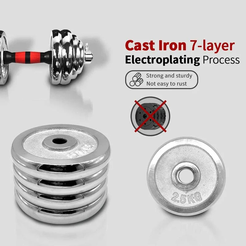 Dumbbell with cast iron weight plates and electroplating process text on a gray background