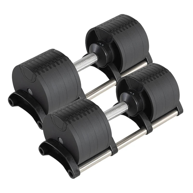 Pair of adjustable dumbbells on a white background