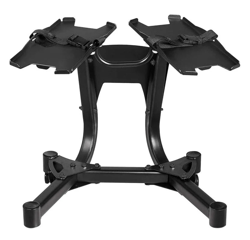Black adjustable stand with two platforms on a white background