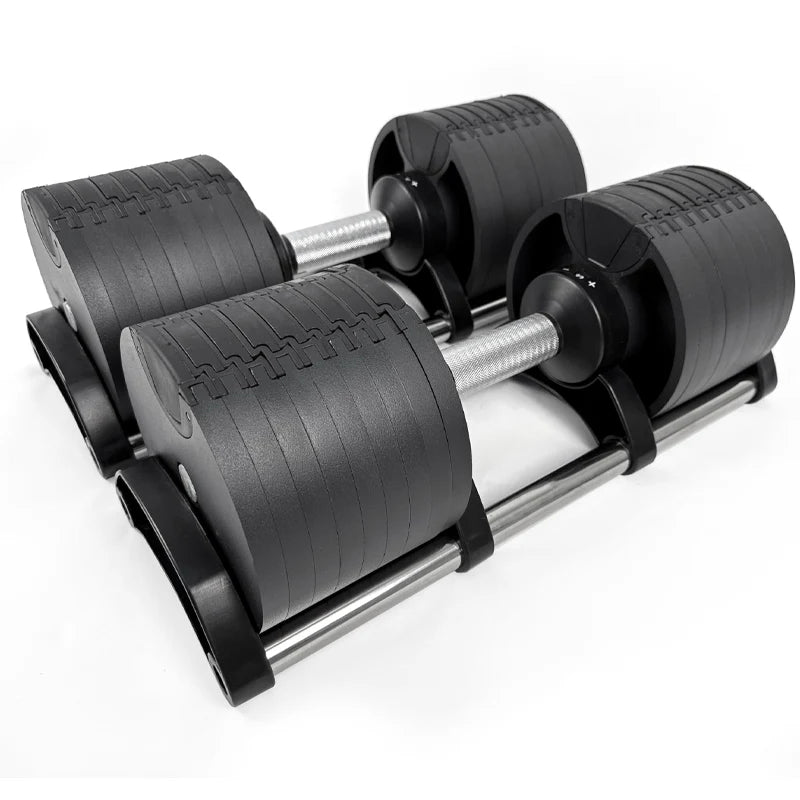 Pair of adjustable dumbbells on a white background
