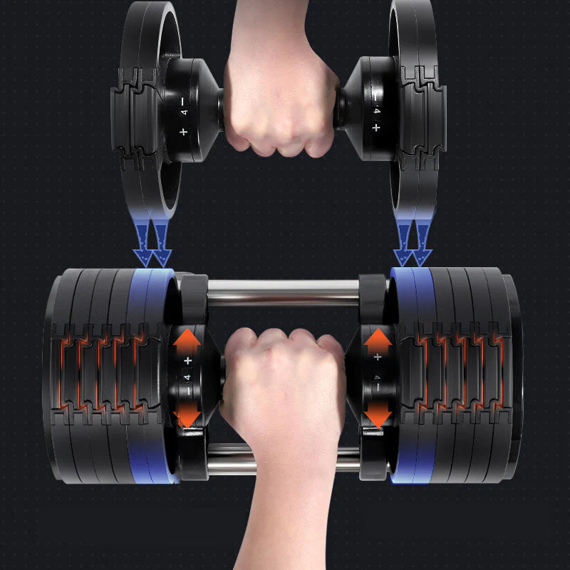 Two hands holding adjustable dumbbells against a black background