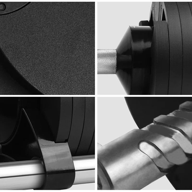 Close-up details of a barbell including weight plates, grip, and handle.