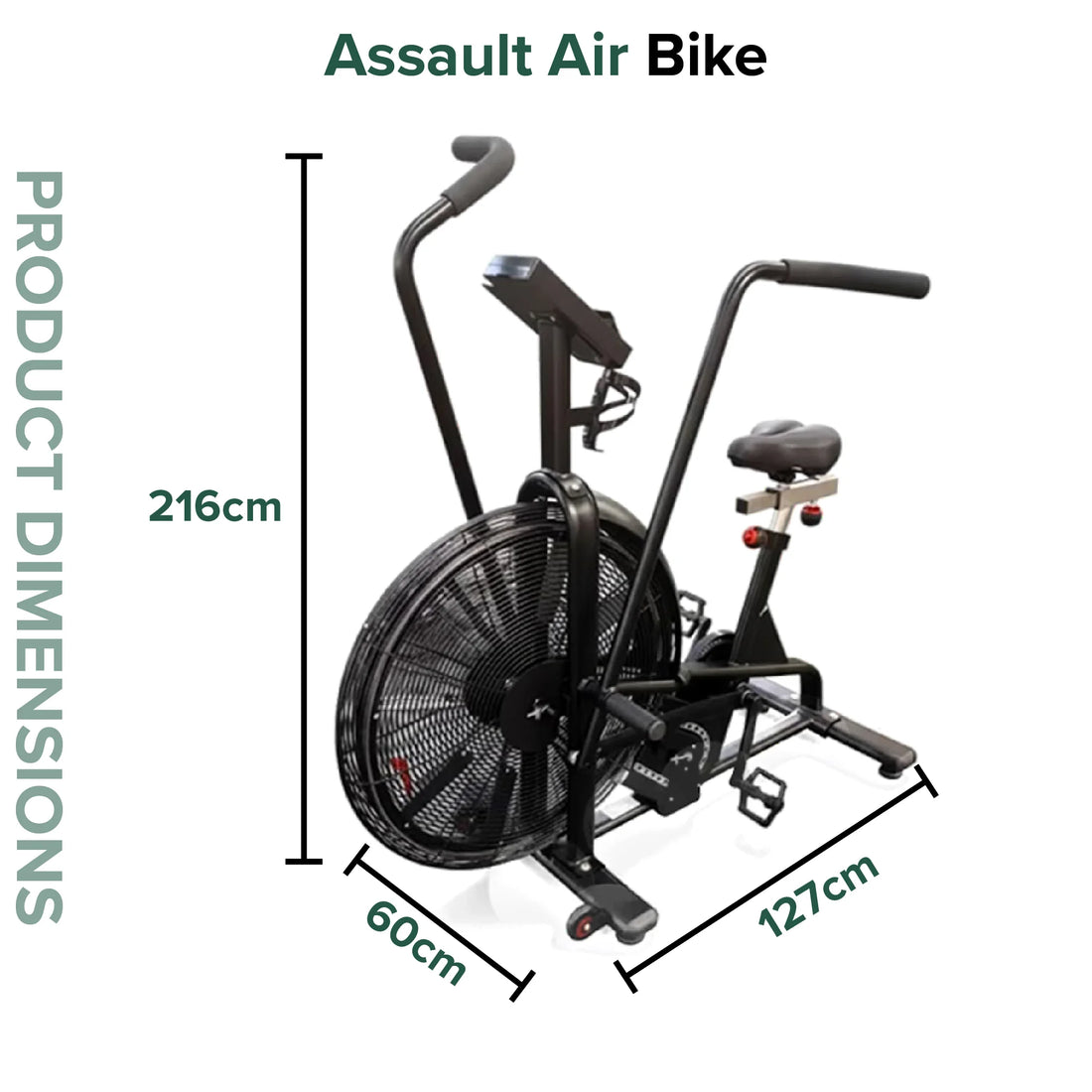 Air bike with dimensions labeled on a white background
