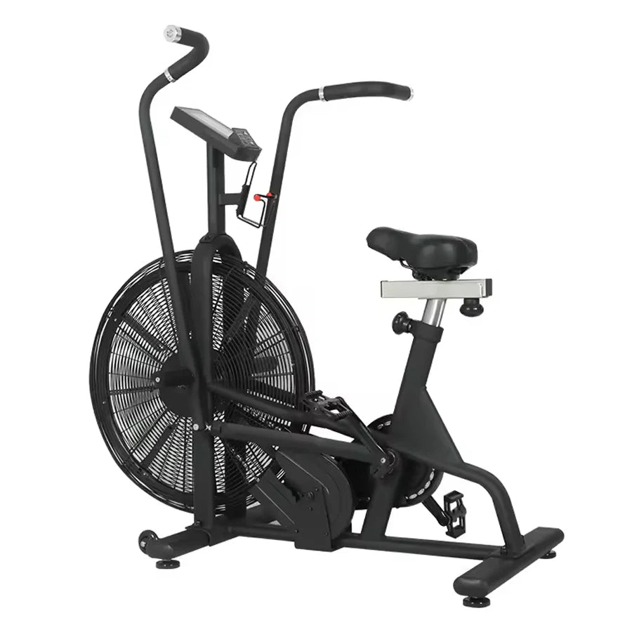 Black exercise bike on a white background