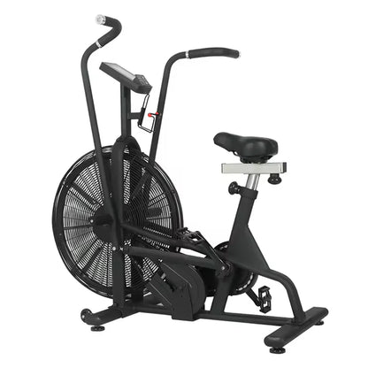 Black exercise bike on a white background