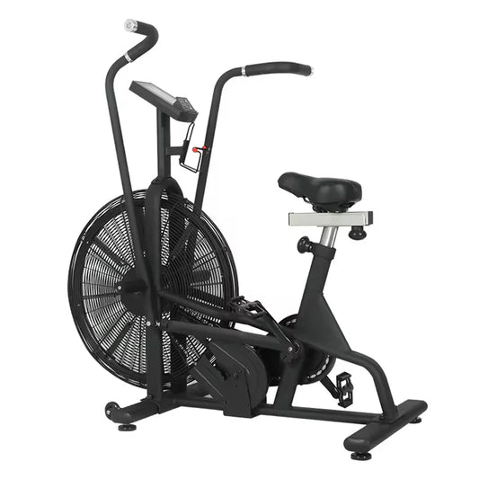 Black exercise bike on a white background