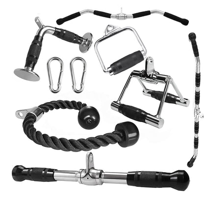 Cable Machine Attachments with Stirrup Handle, V-Bar, Lat Bar, Straight Bar, D-Row Bar, Curl Bar, Tricep Rope, Carabiner Clips & D-Handle for Home Gym Strength