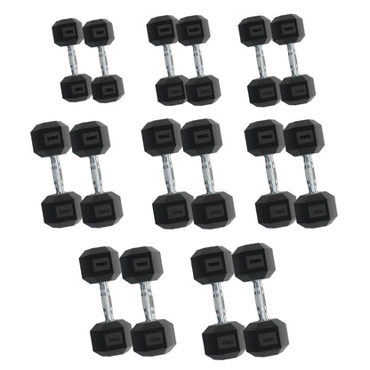Rubber Hex Dumbbells – Singles, Pairs & Sets | Knurled Chrome Handle Weights for Home Gym & Strength Training