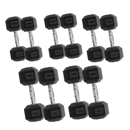 Rubber Hex Dumbbells – Singles, Pairs & Sets | Knurled Chrome Handle Weights for Home Gym & Strength Training