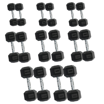 Rubber Hex Dumbbells – Singles, Pairs & Sets | Knurled Chrome Handle Weights for Home Gym & Strength Training
