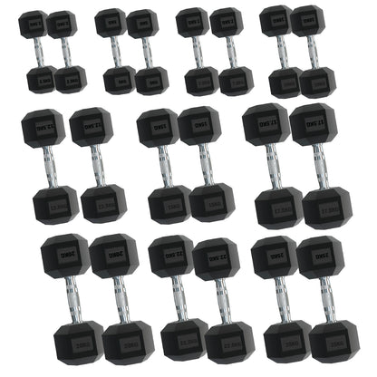 Rubber Hex Dumbbells – Singles, Pairs & Sets | Knurled Chrome Handle Weights for Home Gym & Strength Training