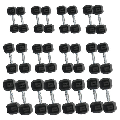 Rubber Hex Dumbbells – Singles, Pairs & Sets | Knurled Chrome Handle Weights for Home Gym & Strength Training