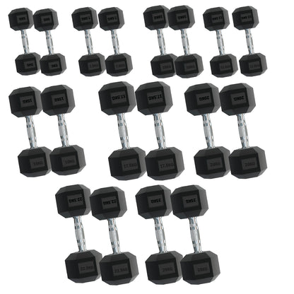 Rubber Hex Dumbbells – Singles, Pairs & Sets | Knurled Chrome Handle Weights for Home Gym & Strength Training