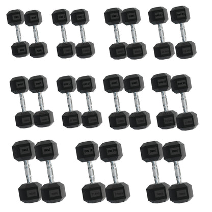 Rubber Hex Dumbbells – Singles, Pairs & Sets | Knurled Chrome Handle Weights for Home Gym & Strength Training
