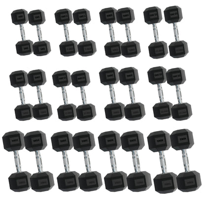 Rubber Hex Dumbbells – Singles, Pairs & Sets | Knurled Chrome Handle Weights for Home Gym & Strength Training