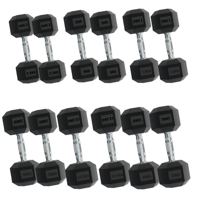 Rubber Hex Dumbbells – Singles, Pairs & Sets | Knurled Chrome Handle Weights for Home Gym & Strength Training