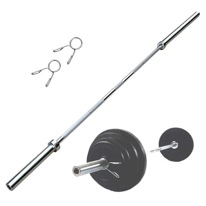 Barbell with weight plates and attachments on a white background