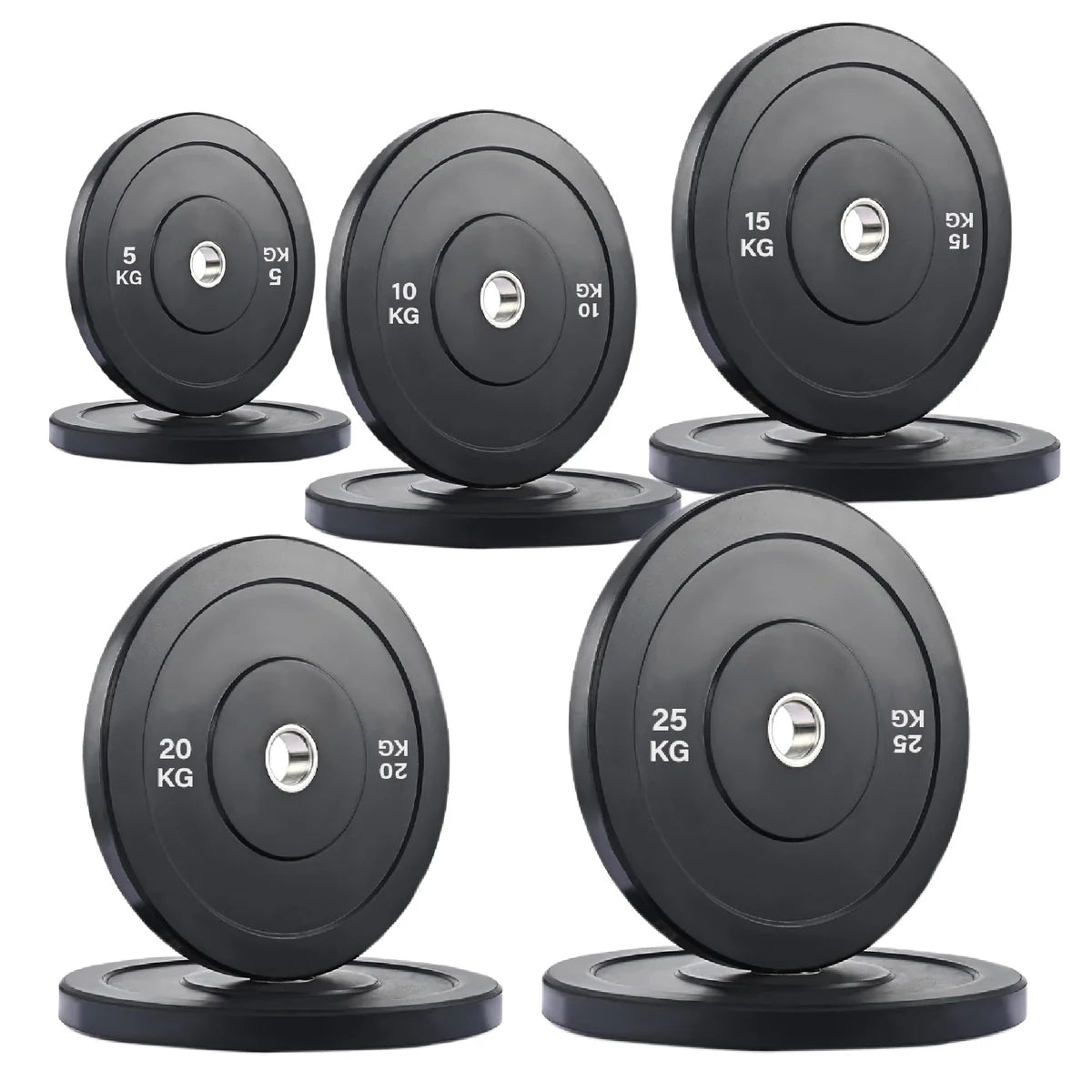 Set of weight plates with labeled weights on a white background