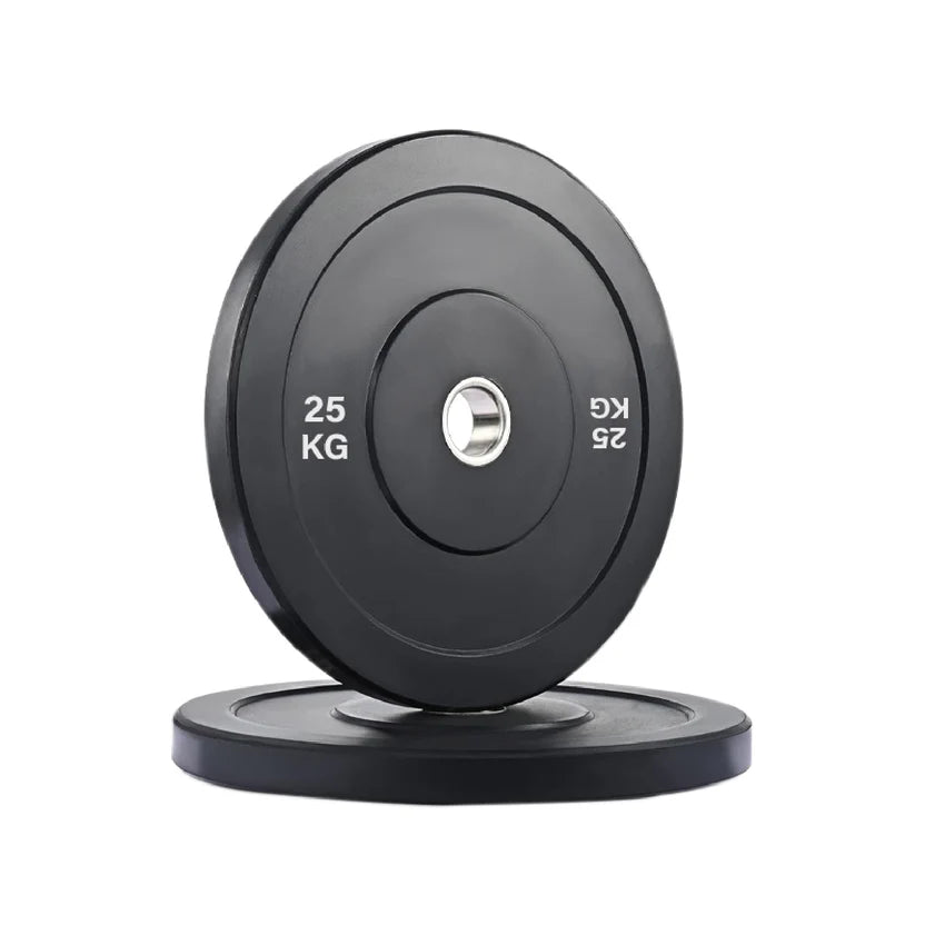 Black weight plate with '25 KG' marking on a white background