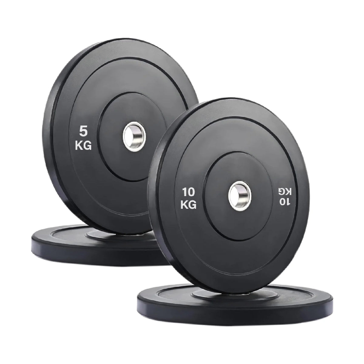 Olympic bumper plate set, 30 kg: two 5 kg and two 10 kg black plates, on a white background