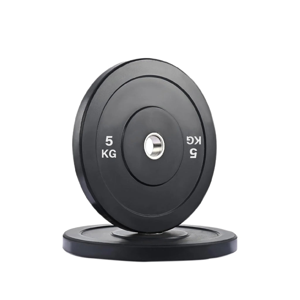 Pair of black weight plates with '5 KG' marking on a white background