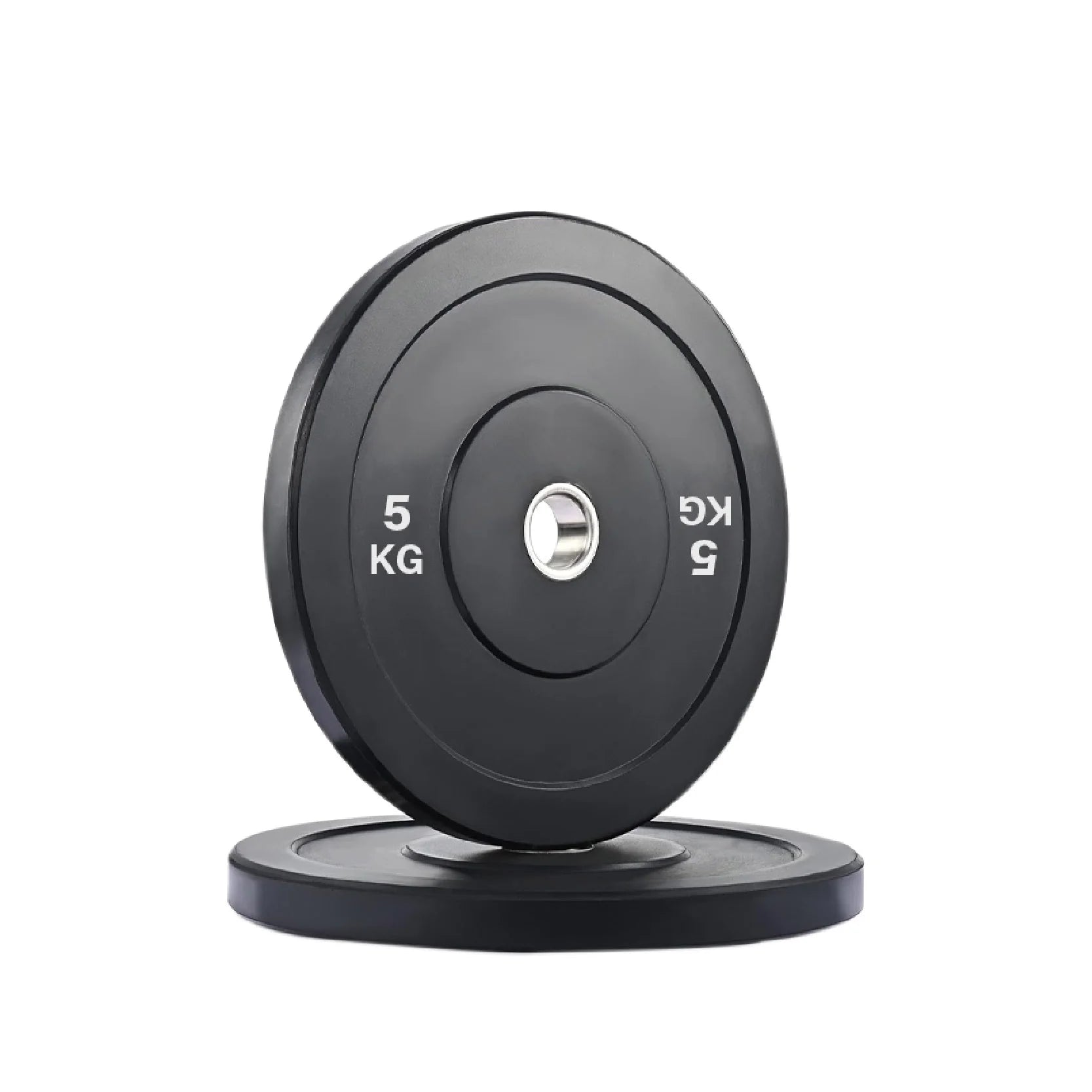 Pair of black weight plates with '5 KG' marking on a white background