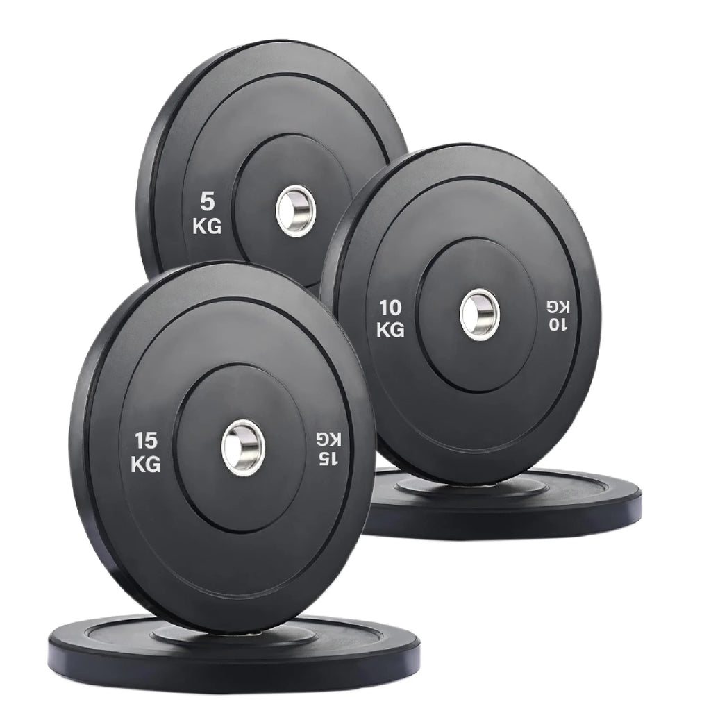 Set of black weight plates with labeled weights on a white background