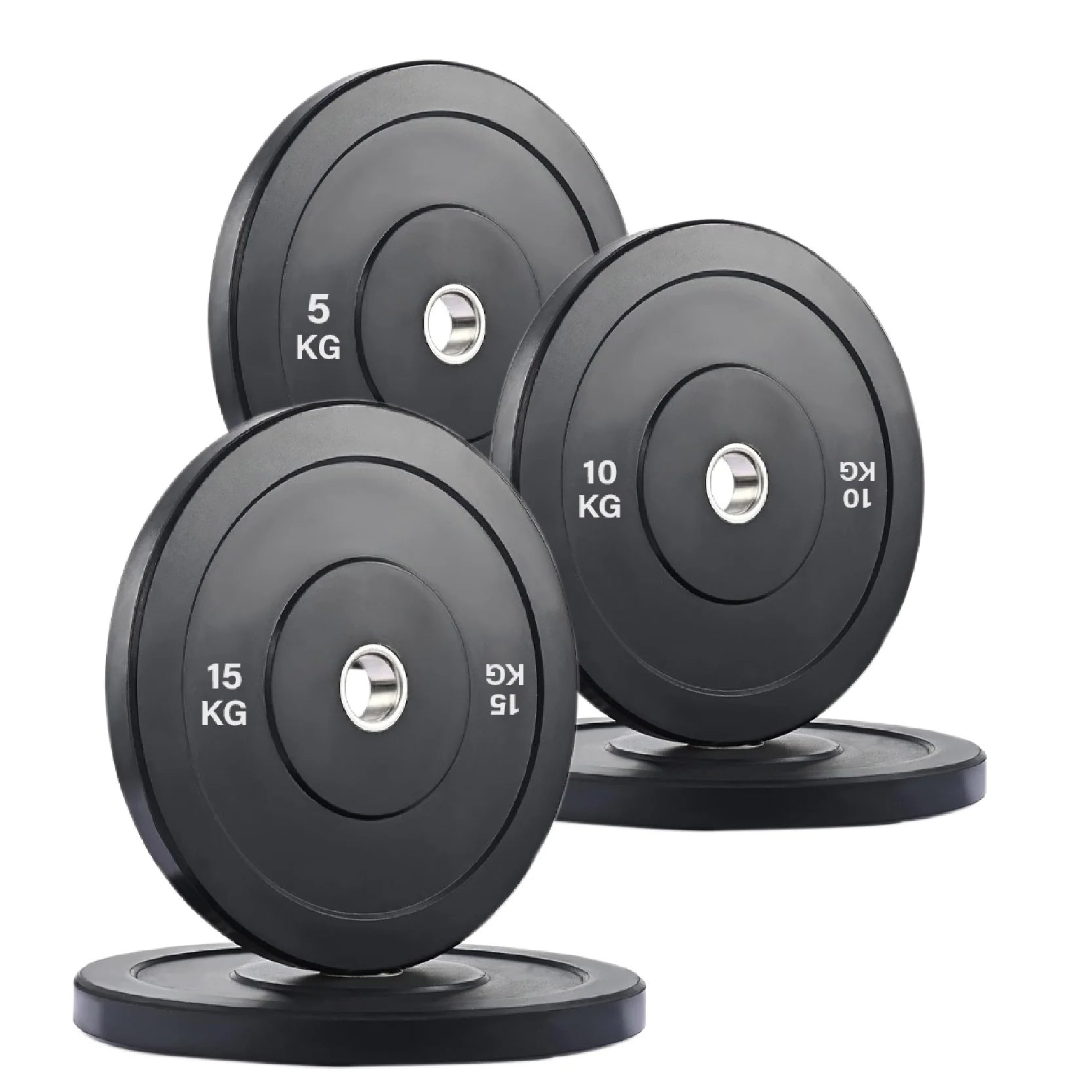 Set of black weight plates with labeled weights on a white background