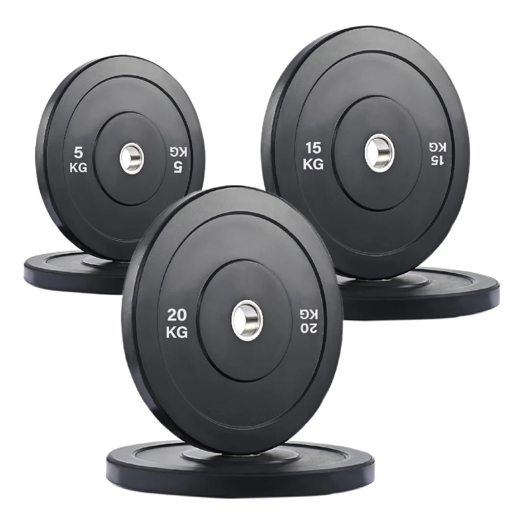 Set of black weight plates with weight markings on a white background