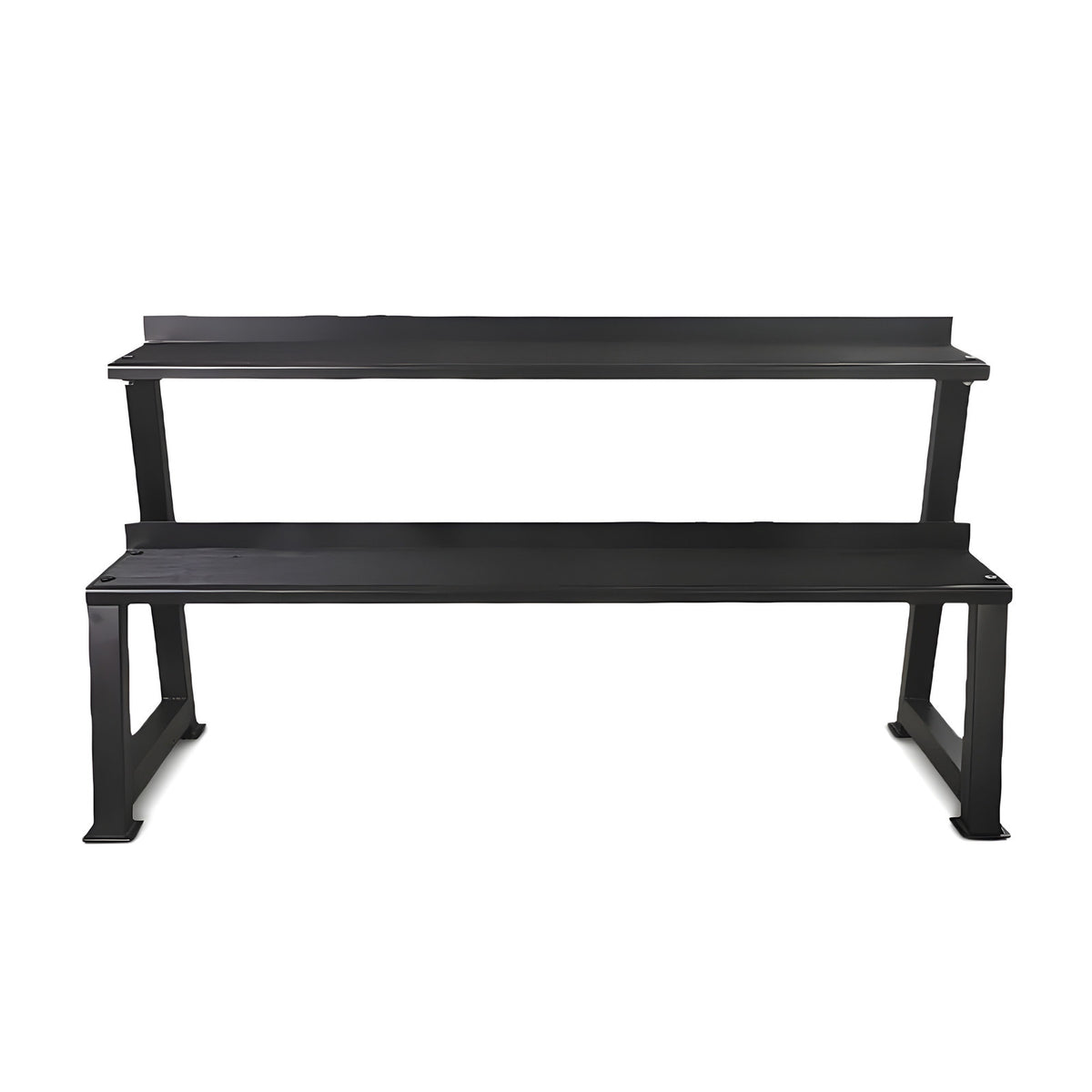 Black metal bench with two shelves on a white background