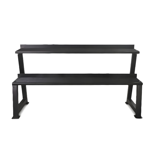 Black metal bench with two shelves on a white background