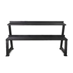 Black metal bench with two shelves on a white background