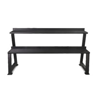 Black metal bench with two shelves on a white background