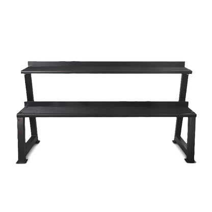 Black metal bench with two shelves on a white background