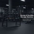 Kettlebell storage rack in a gym with text highlighting features