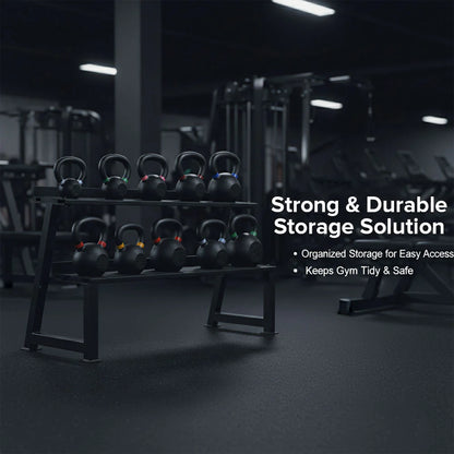 Kettlebell storage rack in a gym with text highlighting features