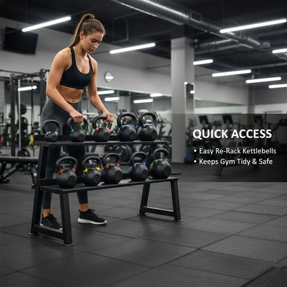 Woman organizing kettlebells on a rack in a gym setting