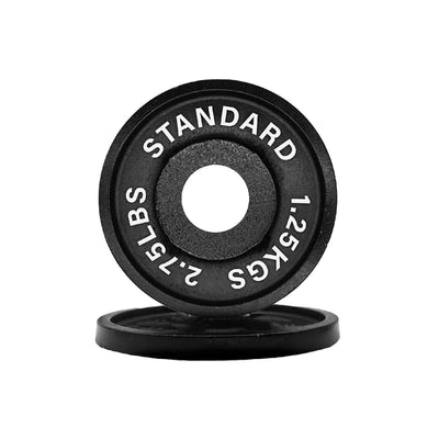 Black weight plate with 'Standard' and weight markings on a white background
