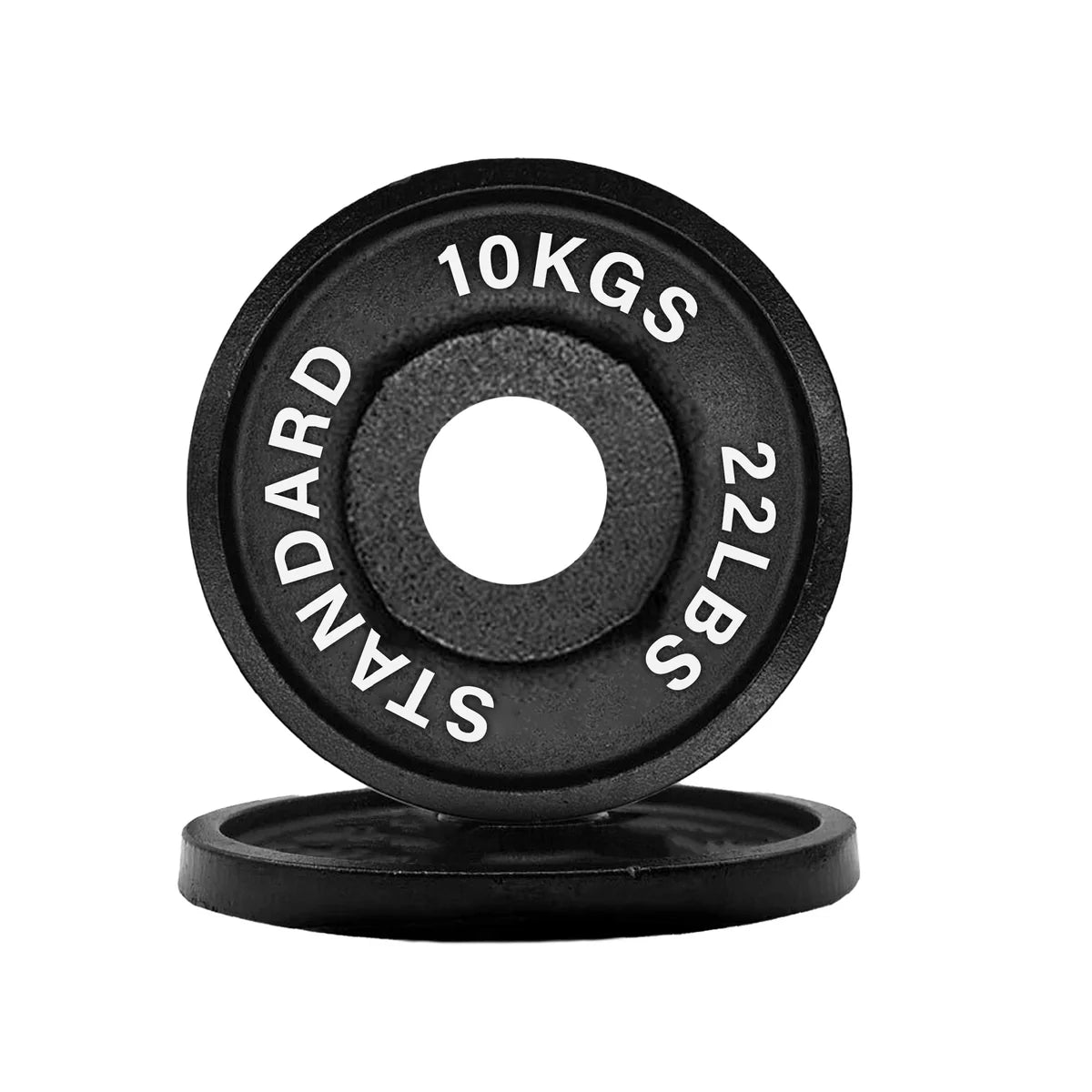 Pair of black weight plates with '10KGS' and '22LBS' markings on a white background