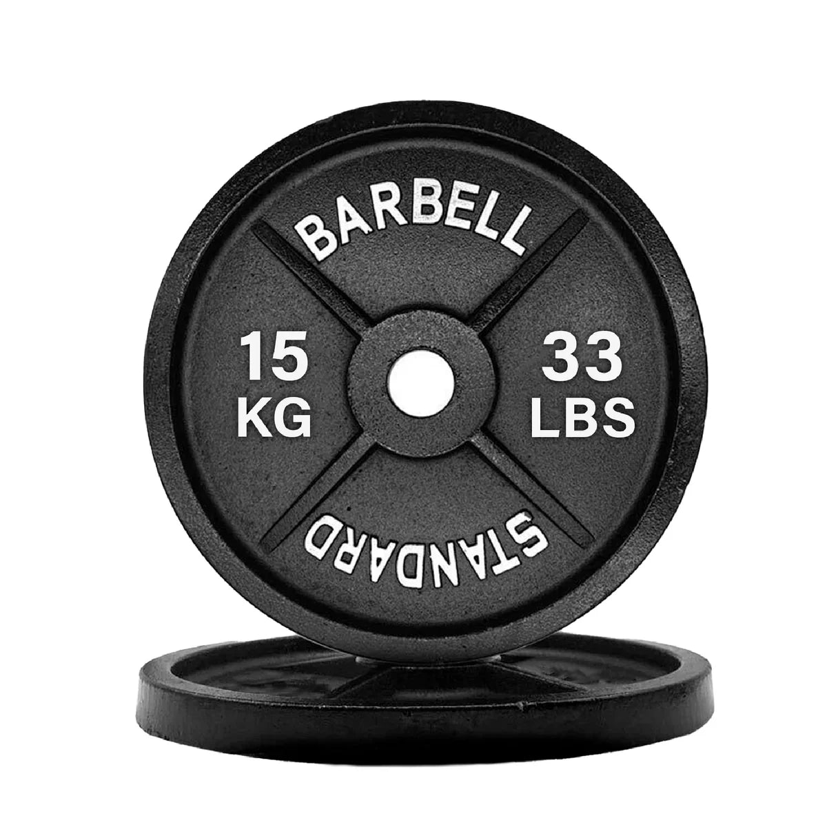 Black barbell weight plate with measurements on a white background