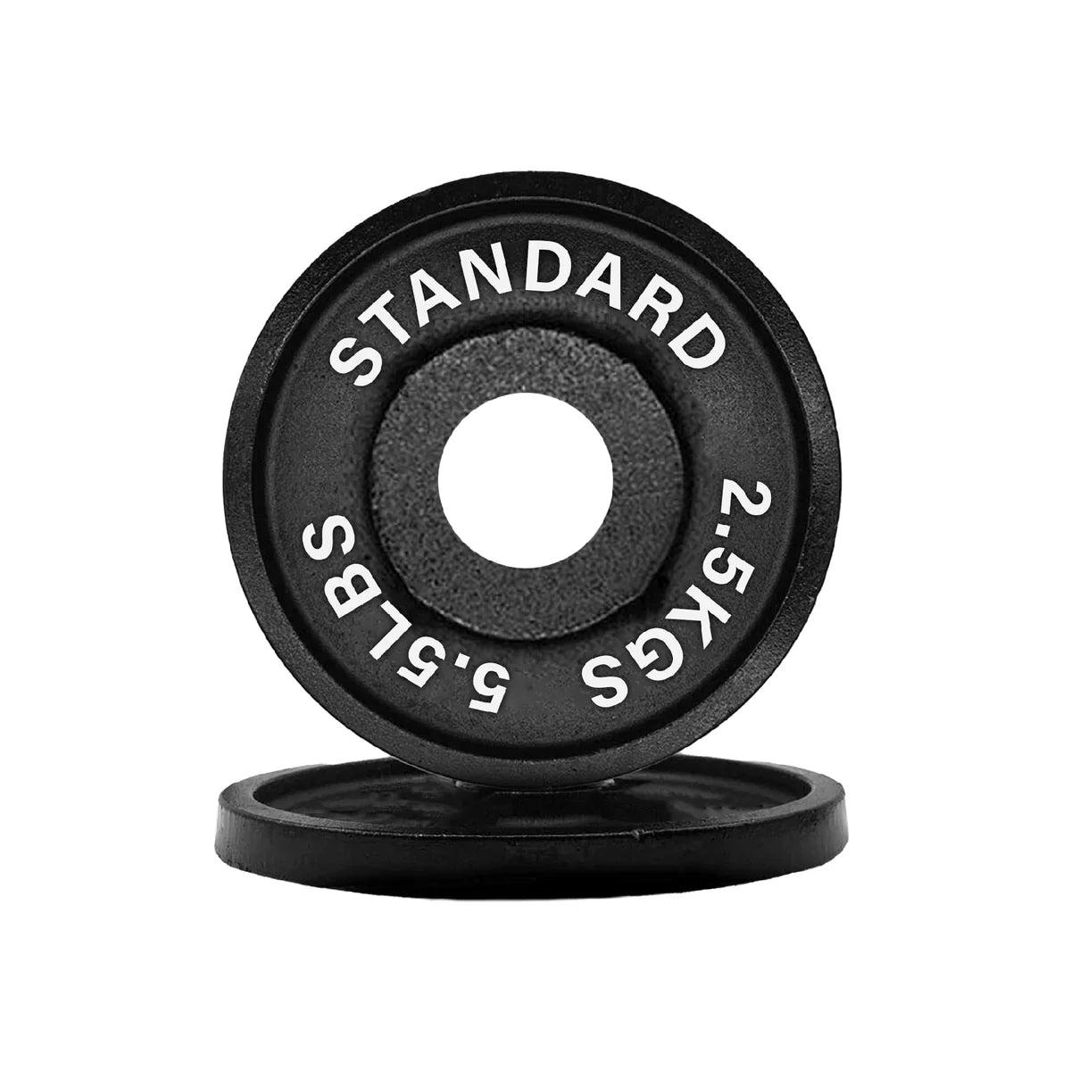 Pair of black weight plates with 'Standard' and weight markings on a white background
