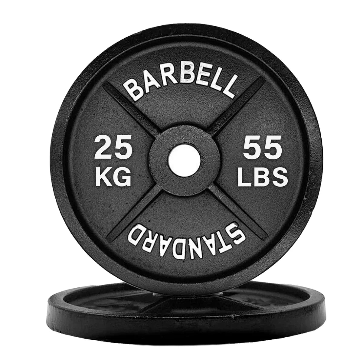 Black weight plate with 'Barbell Standard' branding and weight measurements on a white background