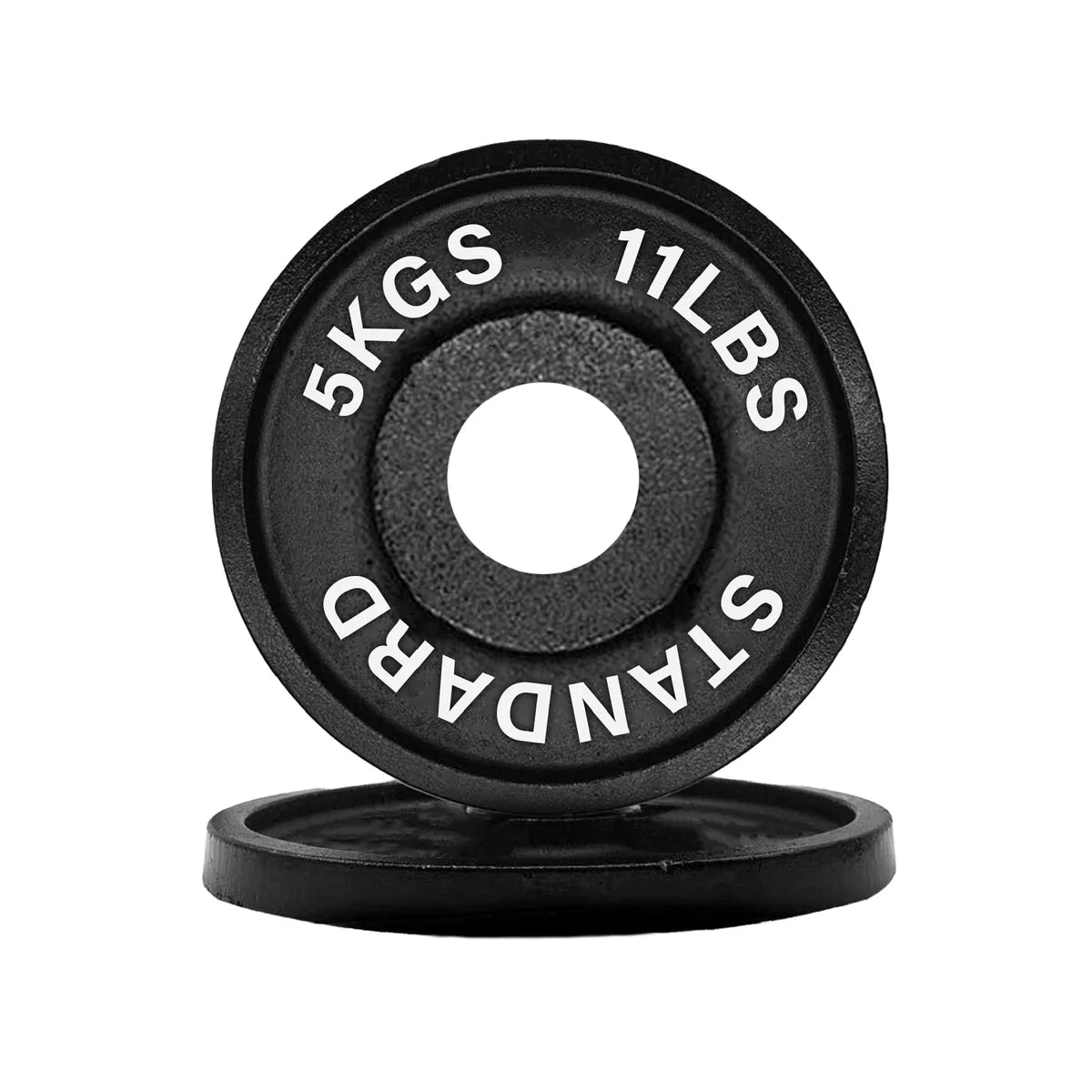 Black weight plate with '5KGS 11LBS STANDARD' text on a white background