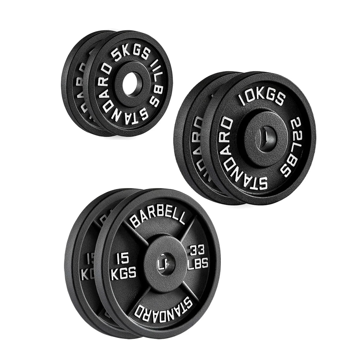 Three black weight plates with labeled weights on a white background