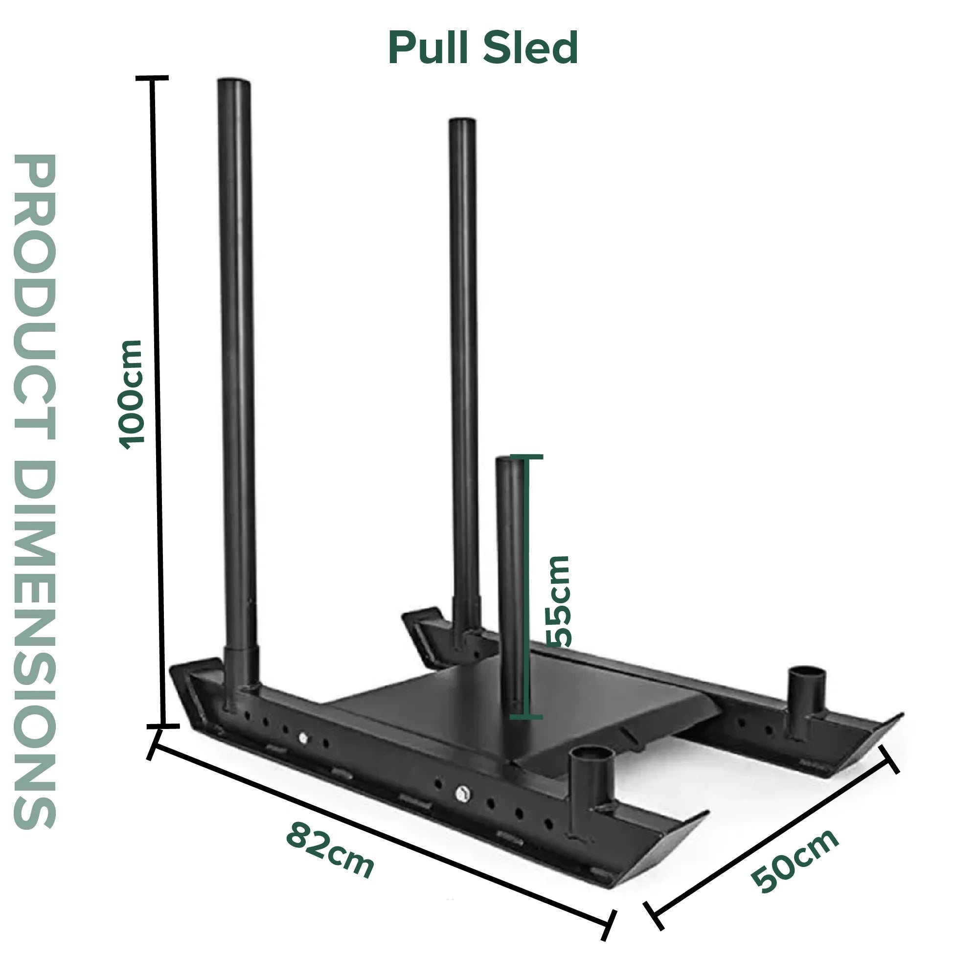 Black pull sled with dimensions labeled on a white background
