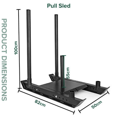 Black pull sled with dimensions labeled on a white background