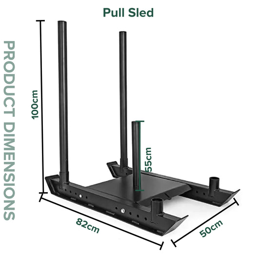 Black pull sled with dimensions labeled on a white background