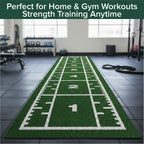 Green sports-themed mat with white markings in a gym setting